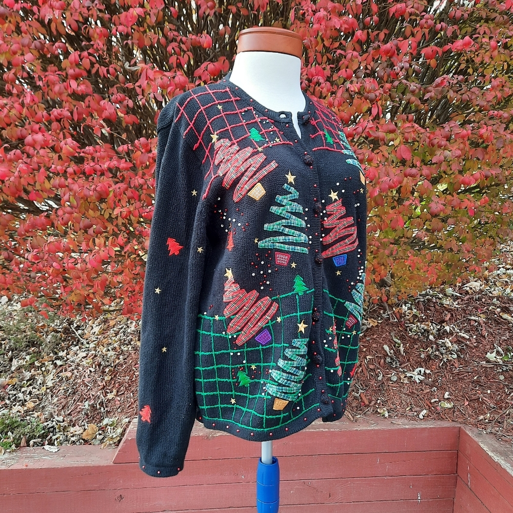 Vintage Ugly Christmas Sweater Tartan Plaid Trees Button Down Cardigan Holiday - Picture 3 of 13